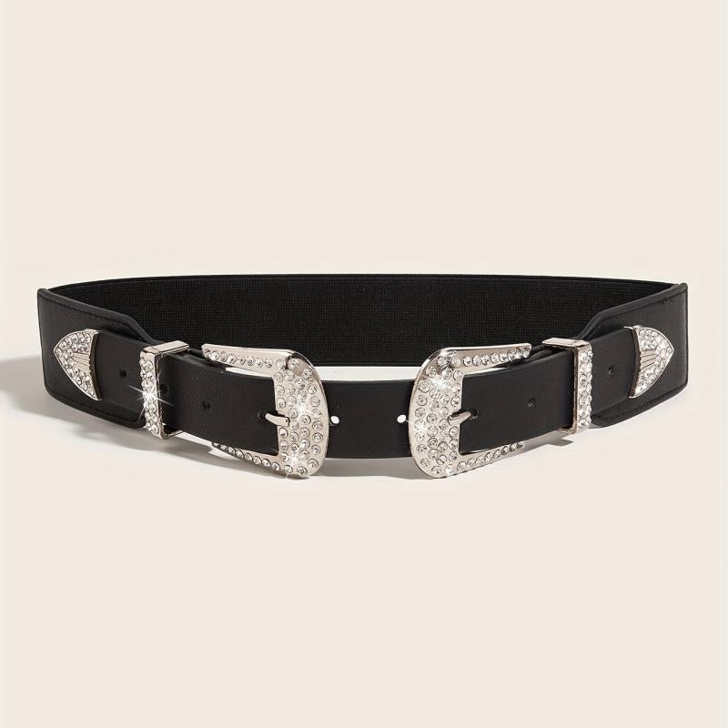 Western Belt Rhinestone Inlaid Buckle PU Leather Elastic Wide Girdle
