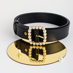 Faux Pearls Buckle Belt Women's Pants Belt Wide Pin Buckle Waistband