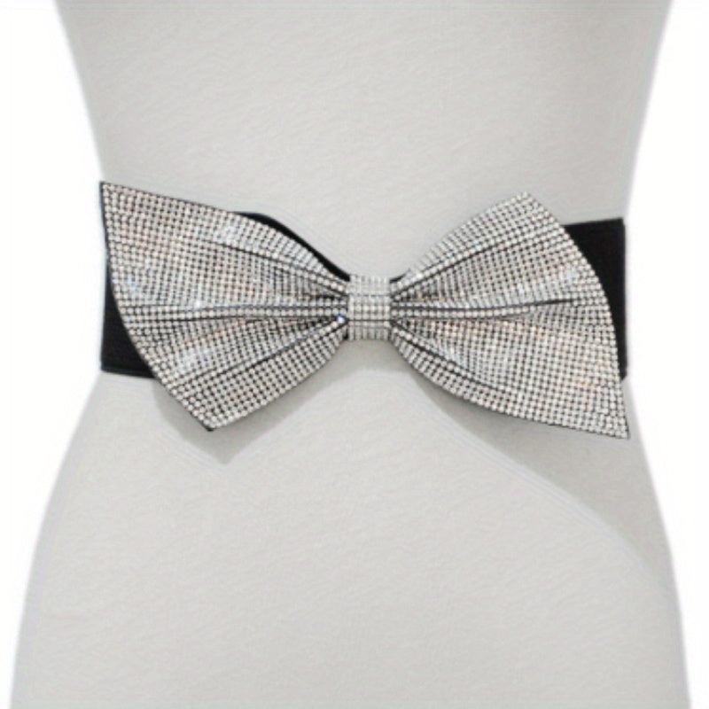 Rhinestone Bow Wide Belt Elastic Waistband Dress Girdle For Women