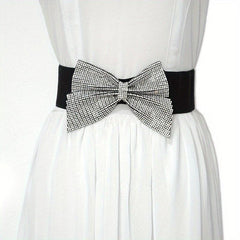 Rhinestone Bow Wide Belt Elastic Waistband Dress Girdle For Women