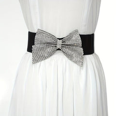 Rhinestone Bow Wide Belt Elastic Waistband Dress Girdle For Women