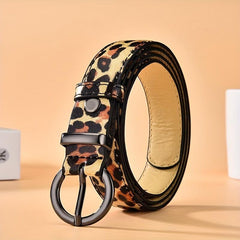 Solid PU Belt Leopard Print Round Buckle Vintage Jeans Pants Belt