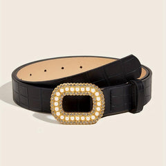 Faux Pearl Oval Buckle Belt PU Leather Thin Belt