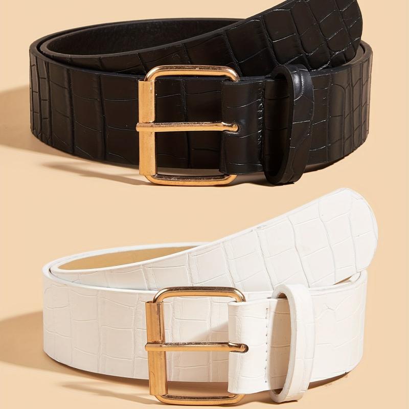 2pcs Square Pin Buckle & Stone Pattern Belt Set Casual Jeans Pant Belt