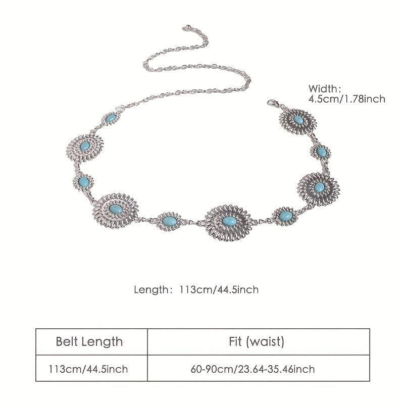 Bohemian Turquoise Waist Chain Western Flower Tassel Belly Chain Dress Accessory