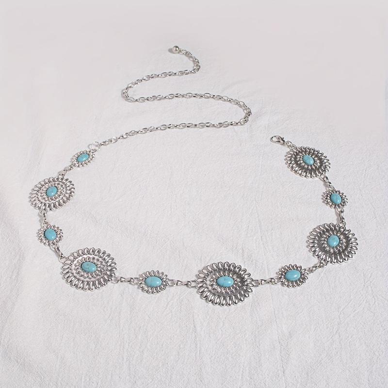 Bohemian Turquoise Waist Chain Western Flower Tassel Belly Chain Dress Accessory