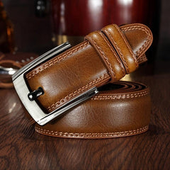 Men's Brown Cowhide Leather Belt Pin Buckle Middle aged Youth Casual