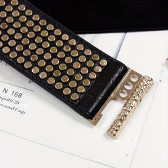 Punk Rivet Wide Belt Elastic Waistband Golden Buckle Decoration Belts