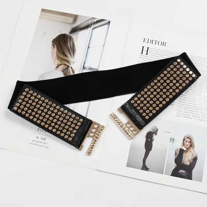 Punk Rivet Wide Belt Elastic Waistband Golden Buckle Decoration Belts
