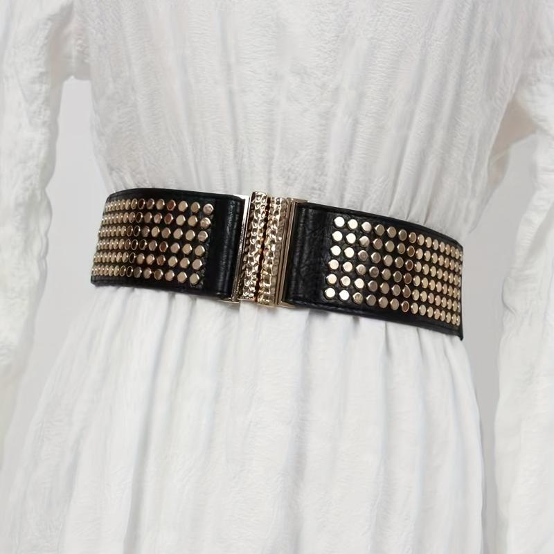 Punk Rivet Wide Belt Elastic Waistband Golden Buckle Decoration Belts
