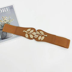 Golden Leaf Buckle Waist Belt Elastic Stretchy Large Buckle Accessory