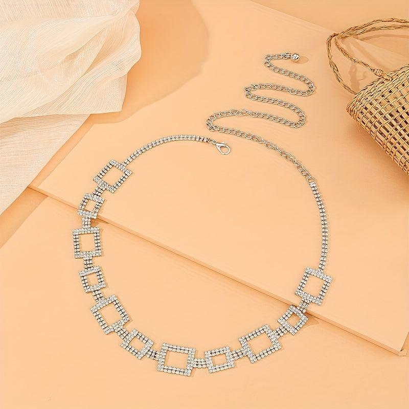 Square Rhinestone Waist Chain Hollow Waistband for Women
