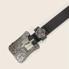 Vintage Flower Engraved Buckle Belts Boho Solid PU Leather Belt