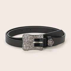 Vintage Flower Engraved Buckle Belts Boho Solid PU Leather Belt