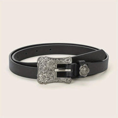 Vintage Flower Engraved Buckle Belts Boho Solid PU Leather Belt