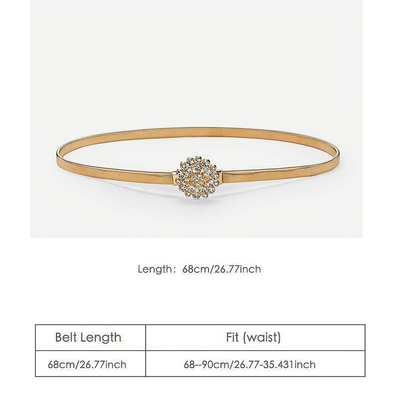 Floral Rhinestone Buckle Belt Golden Elastic Metal Waist Chain Charm