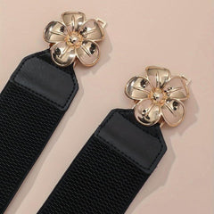 Double Golden Flower Elastic Belt Wide Waistband for Women
