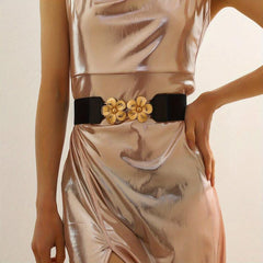 Double Golden Flower Elastic Belt Wide Waistband for Women