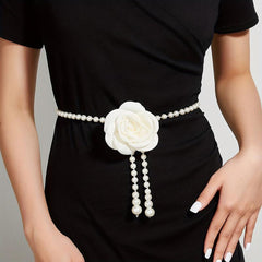 Camellia Decor Waist Chain Faux Pearl Pendant Chain Belt Dress Girdle