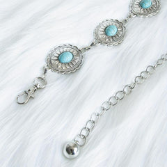 Turquoise Inlay Oval Chain Belt Silvery Geometric Flower Boho Waist Chain