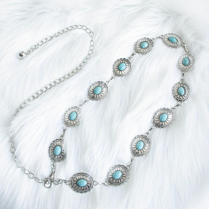 Turquoise Inlay Oval Chain Belt Silvery Geometric Flower Boho Waist Chain