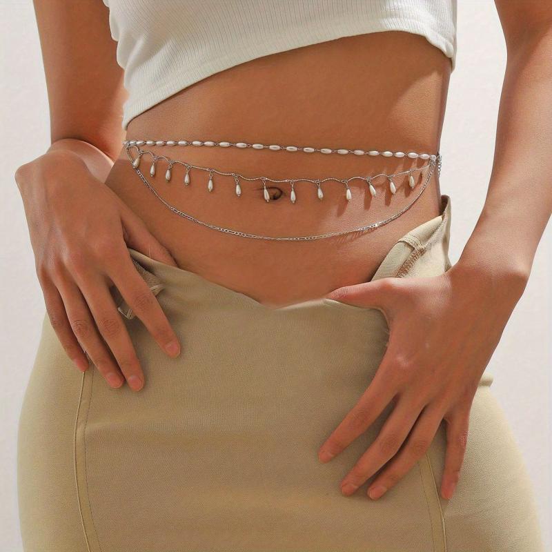 Faux Pearl Layered Waist Chain Pendant Tassel Metal Belt Dress Girdle