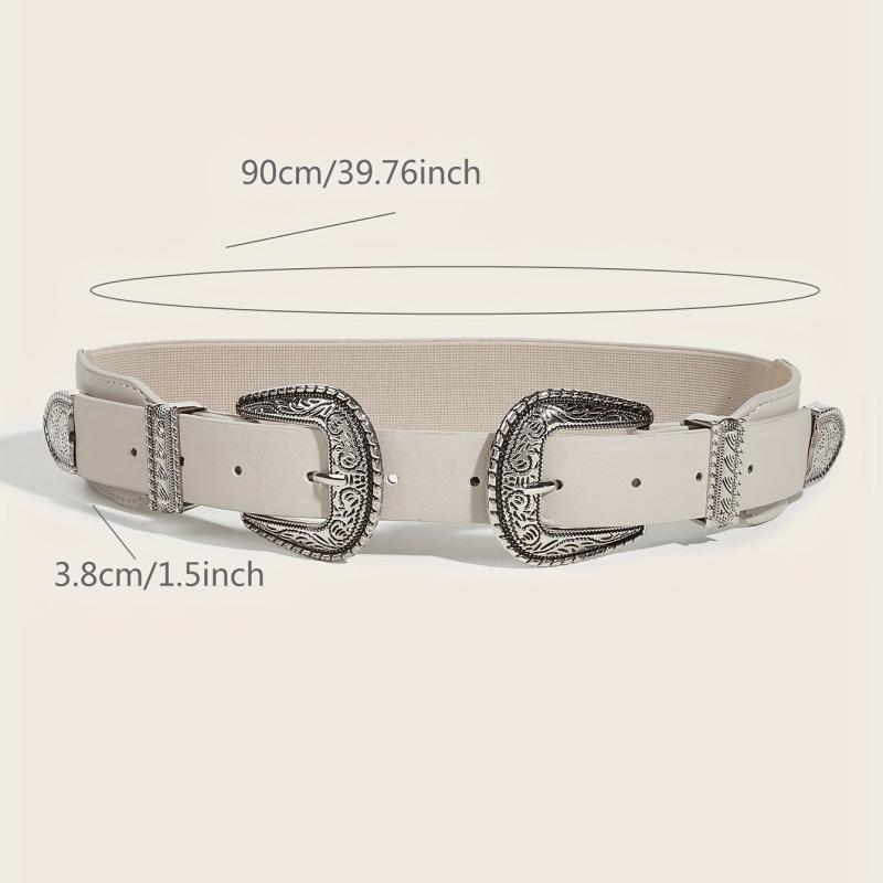 Vintage Carved Double Buckle Belt Solid Western PU Belt