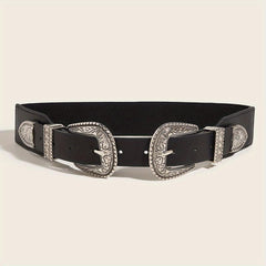 Vintage Carved Double Buckle Belt Solid Western PU Belt