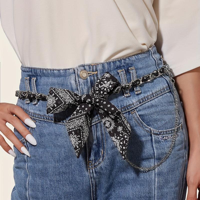 Paisley Print Bowknot Belt Lace Up Waistband Tassel Pants Jeans Belt