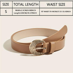 Brown PU Thin Belt Oval Geometric Ripple Metal Buckle Waistband Vintage