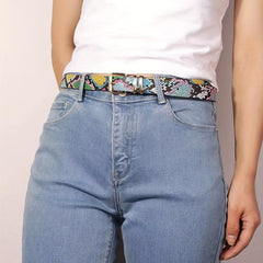 Colorful Snake Pattern Waist Belt Double Loop Thin PU Leather Pin Buckle