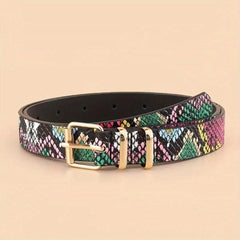 Colorful Snake Pattern Waist Belt Double Loop Thin PU Leather Pin Buckle