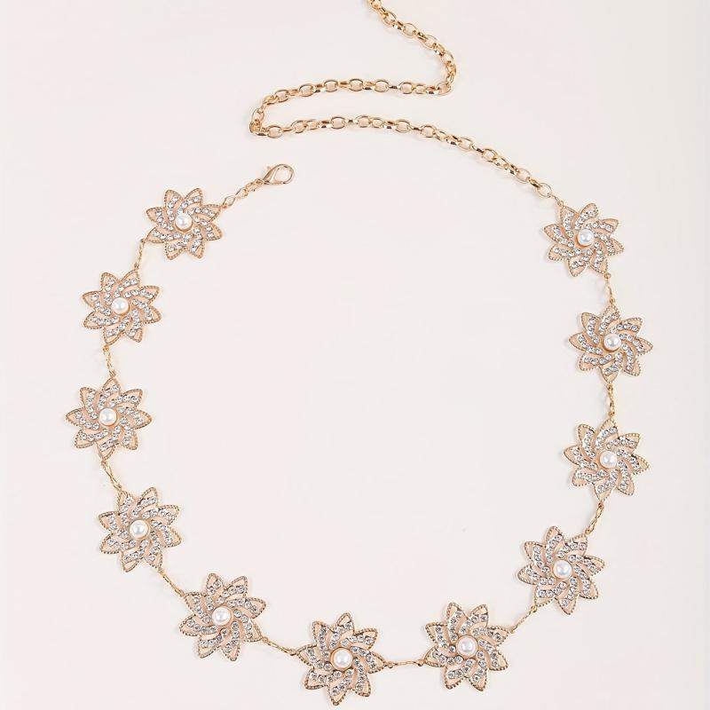 Snowflake Waist Chain Pearl Rhinestone Golden Belt Women's Accessory