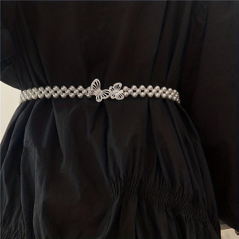 Butterfly Waist Chain Bowknot Faux Pearl Belt Elastic Women's Waist Chain