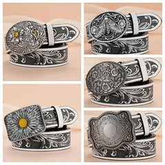 Silvery Sunflower Carved Buckle Belt Western Leaf Embossed Belt