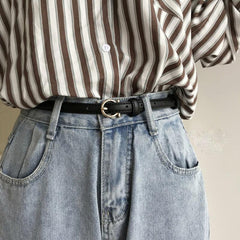 Vintage Round Buckle Thin Belt Classic Solid PU Leather Waistband
