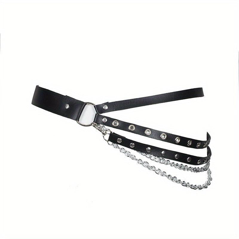 Punk Layered Chain Fringe Belt Hip Hop Rivet PU Leather Waistband