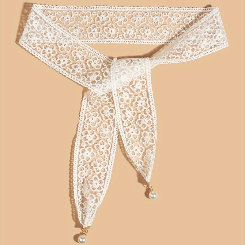 Lace Sash Belt Faux Pearl Pendant Bowknot Waistband Decorative Girdle