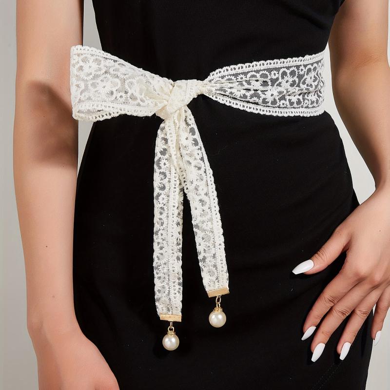 Lace Sash Belt Faux Pearl Pendant Bowknot Waistband Decorative Girdle