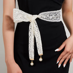 Lace Sash Belt Faux Pearl Pendant Bowknot Waistband Decorative Girdle