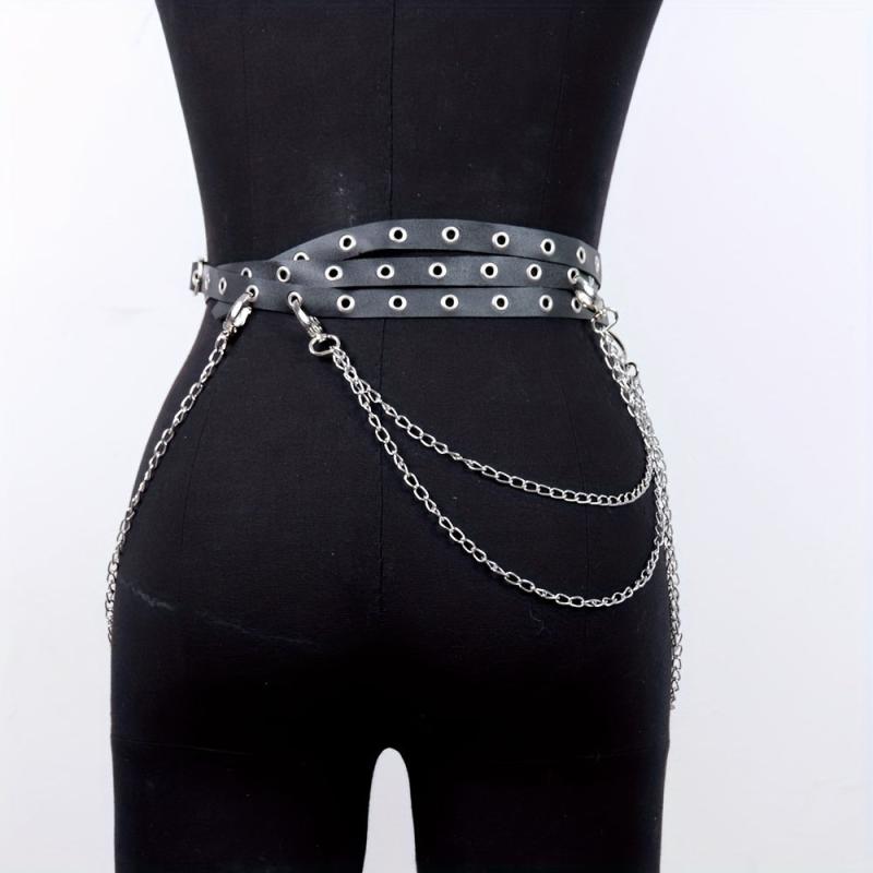 Eyelet Belt Punk Chain Fringe PU Leather Waistband for Women