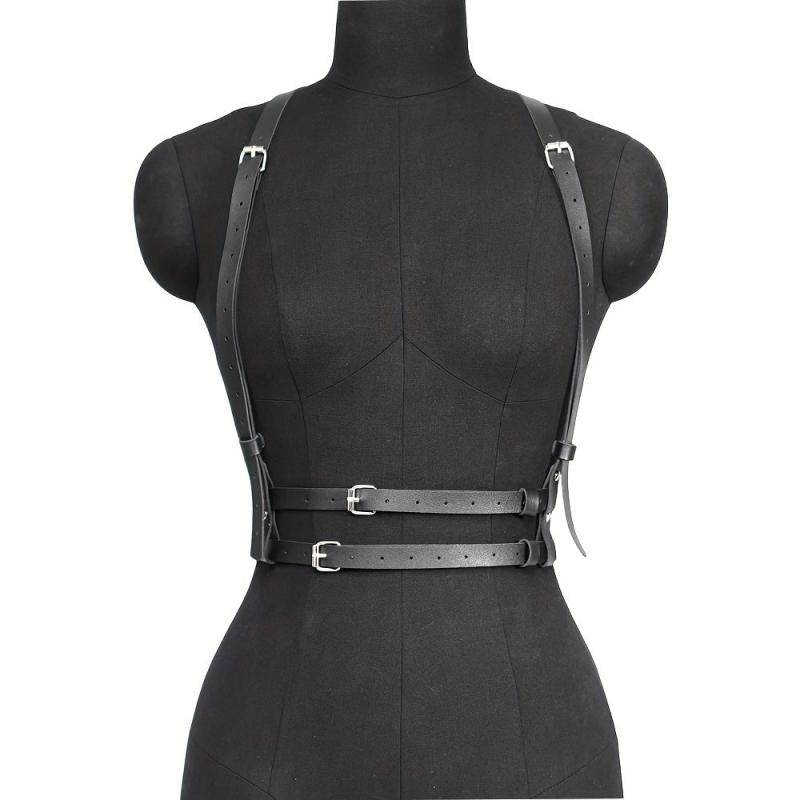 Punk PU Leather Harness Belt Double Layer Pin Buckle Waistband Corset Suspenders