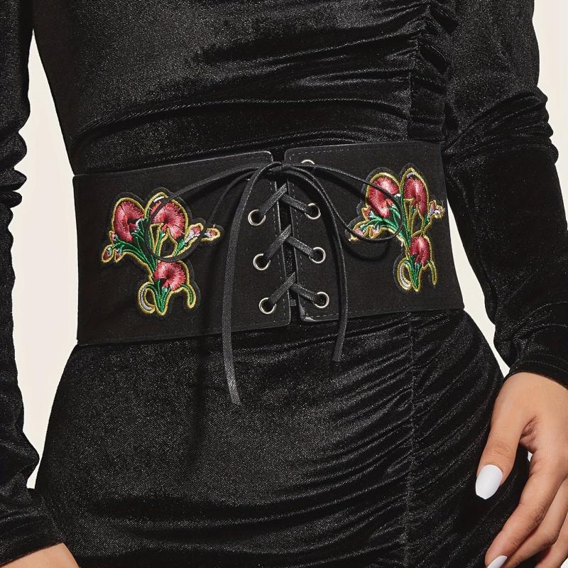 Vintage Flower Embroidery Wide Belt Lace Up Elastic Waistband