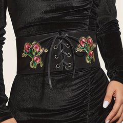 Vintage Flower Embroidery Wide Belt Lace Up Elastic Waistband
