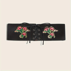 Vintage Flower Embroidery Wide Belt Lace Up Elastic Waistband