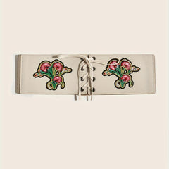 Vintage Flower Embroidery Wide Belt Lace Up Elastic Waistband