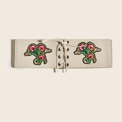 Vintage Flower Embroidery Wide Belt Lace Up Elastic Waistband