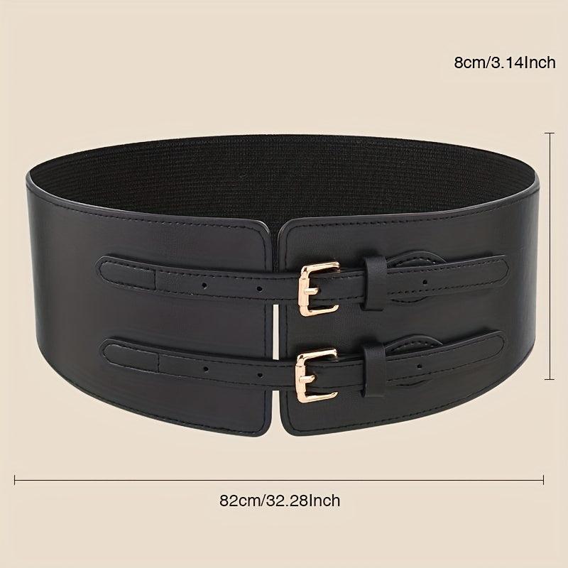 Double Rivet Belt Buckle Belt PU Wide Belt Elastic Waistband for Women