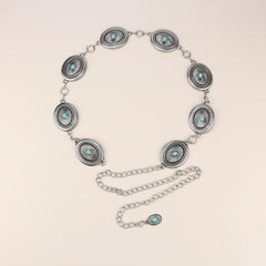 Vintage Oval Turquoise Waist Chain Boho Metal Chain Belt