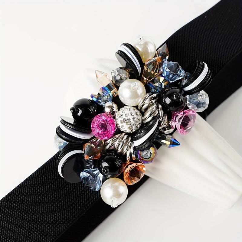 Rhinestone Faux Pearl Waist Belt Elastic Girdle Women Punk Dress Waistband